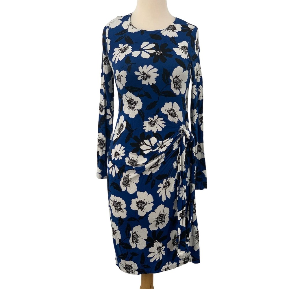 A Pea in the Pod Long Sleeve Maternity Dress Blue Black White Floral Side Tie XS